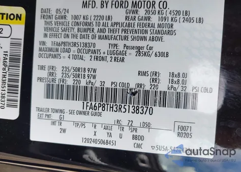 2024 Ford Mustang Ecoboost Fastback from USA, damaged, VIN 1FA6P8TH3R5138370